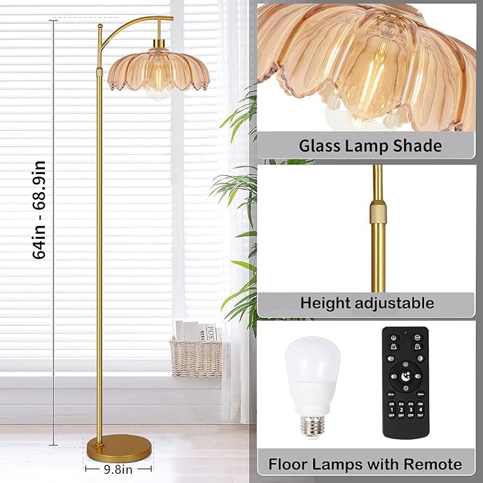 Glass Floor Lamp for Living Room,Bedroom,Gold Dimmable Standing Lamp with Remote,Mid Century Modern Brass Tall Lamp Boho Floor Lamps Arc Stained Flower Floor Light Lamp Bohemian