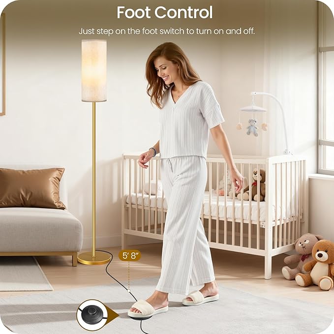 Set of 2 Dimmable Floor Lamps for Living Room with 2 Remotes and Foot Switch, Modern Standing Tall Lamp, Corner Lamp for Bedroom, Bulb Included, 3000K-6500K, Beige and Gold DE06LDP205W1