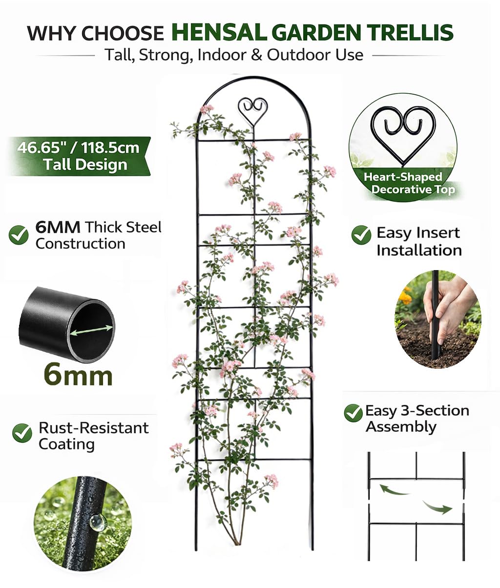 46" Metal Garden Trellis, 3-Section Plant Trellis for Climbing Plants Indoor & Outdoor, Plant Support for Roses, Vines & Vegetables, 1 Pack, Black