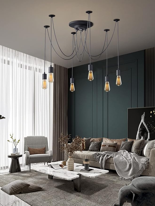Fuloon Vintage Edison Multiple Ajustable DIY Ceiling Spider Lamp Light Pendant Lighting Chandelier Modern Chic Industrial Dining with Romote Control (6 Head Cable 200cm/78.7inch Each)