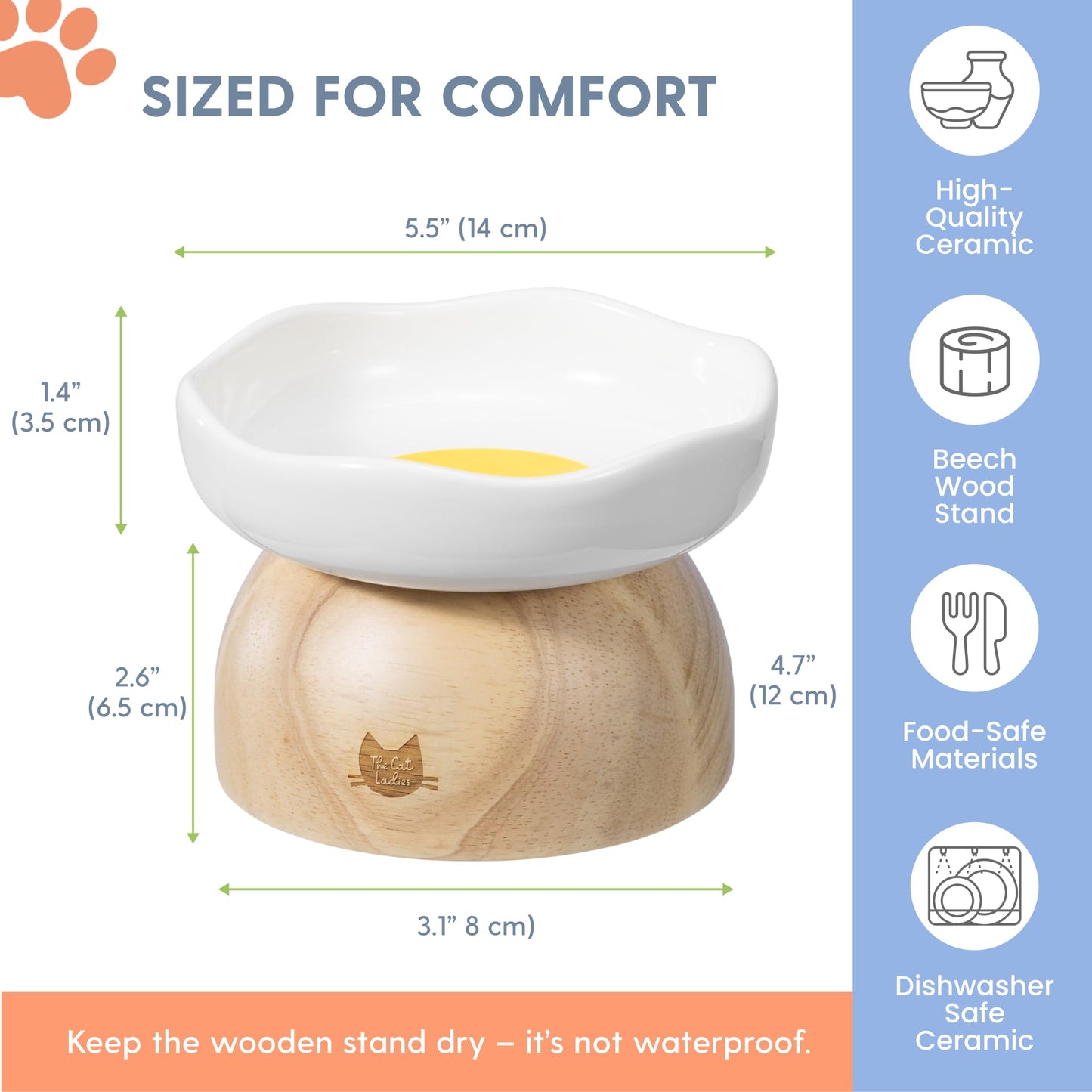 The Cat Ladies Egg Cat Food Bowl - Cute Cats Bowl - Elevated Ceramic Food Bowls - Ceramic Raised Food Bowls - Elevated for Spinal Alignment - Prevents Whisker Fatigue - Wood StandCat Bowl