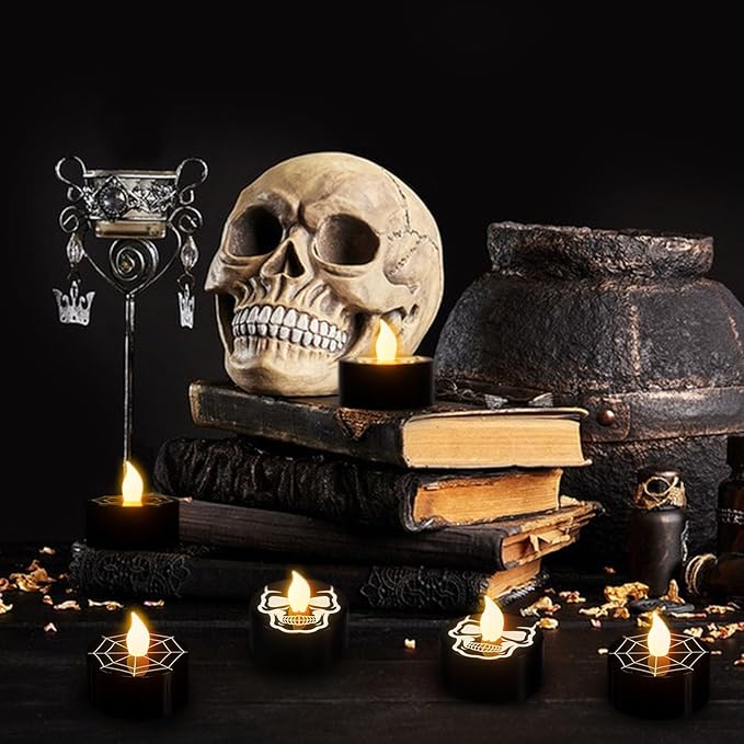 GenSwin Halloween Black Tealights Candles, Battery Operated Tea Lights Candles with Timer, 12 Pack Flameless Candles with 3D Wick, LED Votive Candles with Skull and Spiderweb Prints for Home Decor