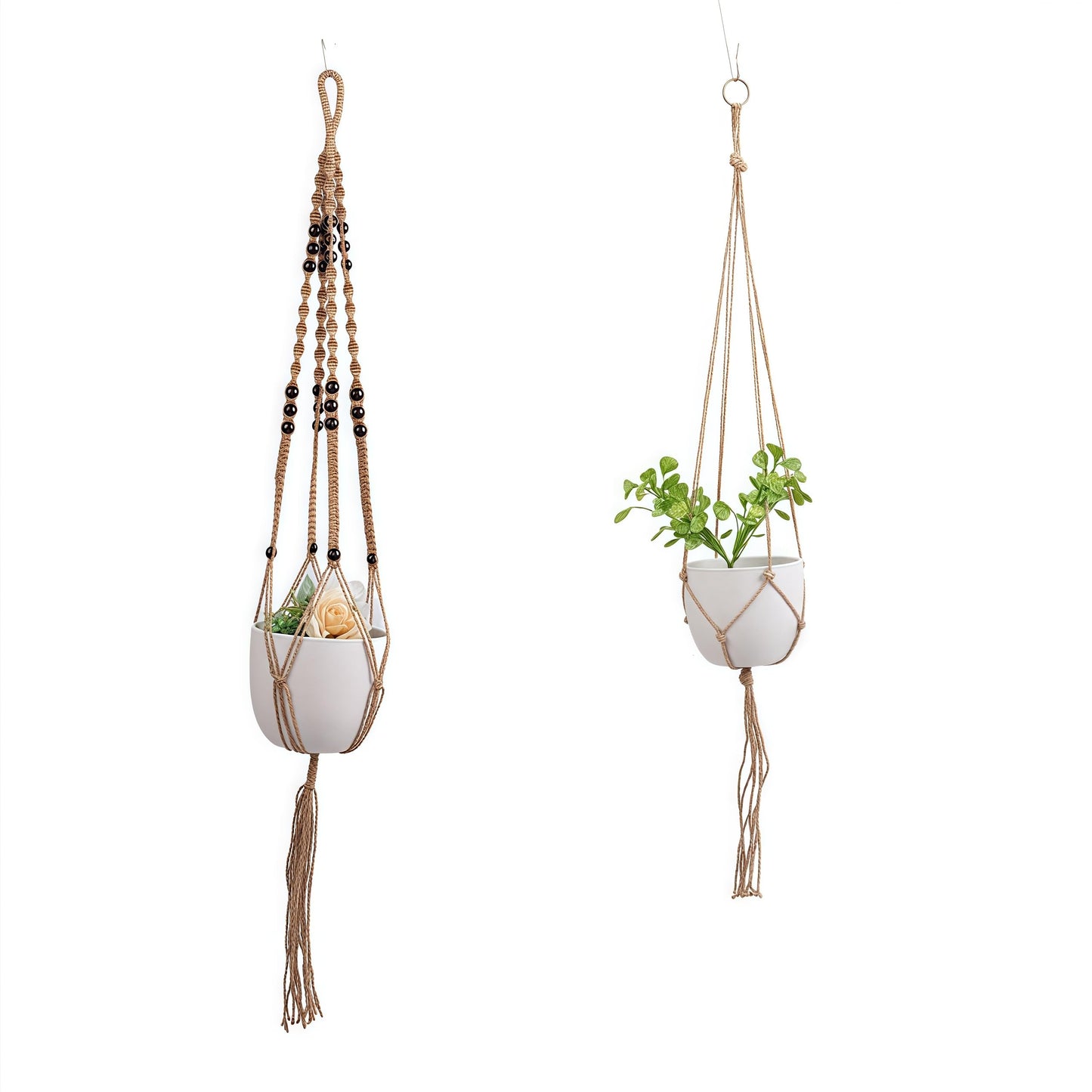2 PCS Macrame Plant Hangers Indoor Outdoor Jute Hanging Planter Baskets with Wood Beads Handwoven Decorative Flower Pot Holders Boho Home Decor, 47" Beads Style+35" Simple Style (POTS NOT Included)