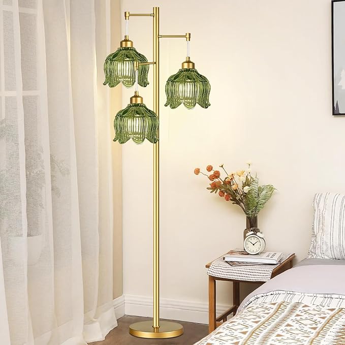 Glass Floor Lamp for Living Room,Bedroom,Gold Mid Century Modern Standing Lamp Brass Tree 3 Light Tall Floor Lamps Vintage Retro Floor Lights Green Flower Lamp Shade Farmhouse Boho Bohemian