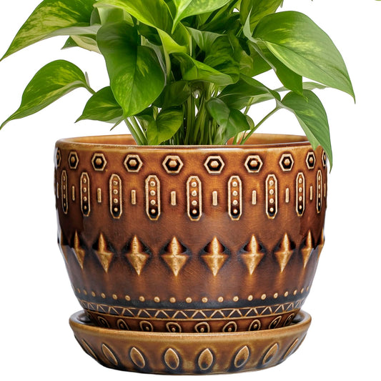 G EPGardening 5.5 Inch Plant Pot - Ceramic Planter for Indoor Outdoor Plants, Boho Round Indoor Flower Pot with Drainage Hole and Saucer, Housewarming Gifts, Garden Home Room Decor, Brown