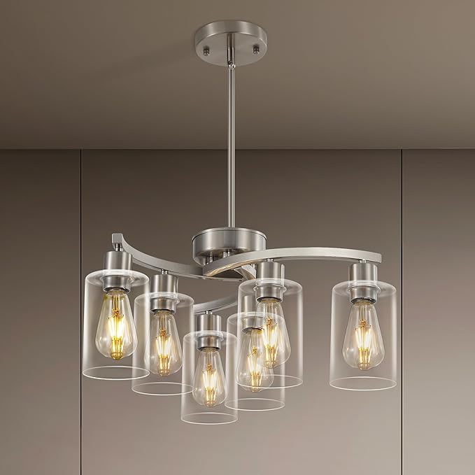 6 Light Modern Brushed Nickel Pendant Light Fixture for Dining Room，Kitchen Pendant Lighting Over Island，Adjustable Height Farmhouse Dining Chandeliers Over Table，with Glass Shade