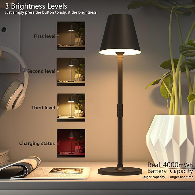 4-Pack Cordless Table Lamps - 5000mAh Rechargeable Battery Operated Desk Lamp, 3-Level Dimmable LED Night Light for Bedroom, Dining, Restaurant - Metal Design(Kahaki-4PACK)