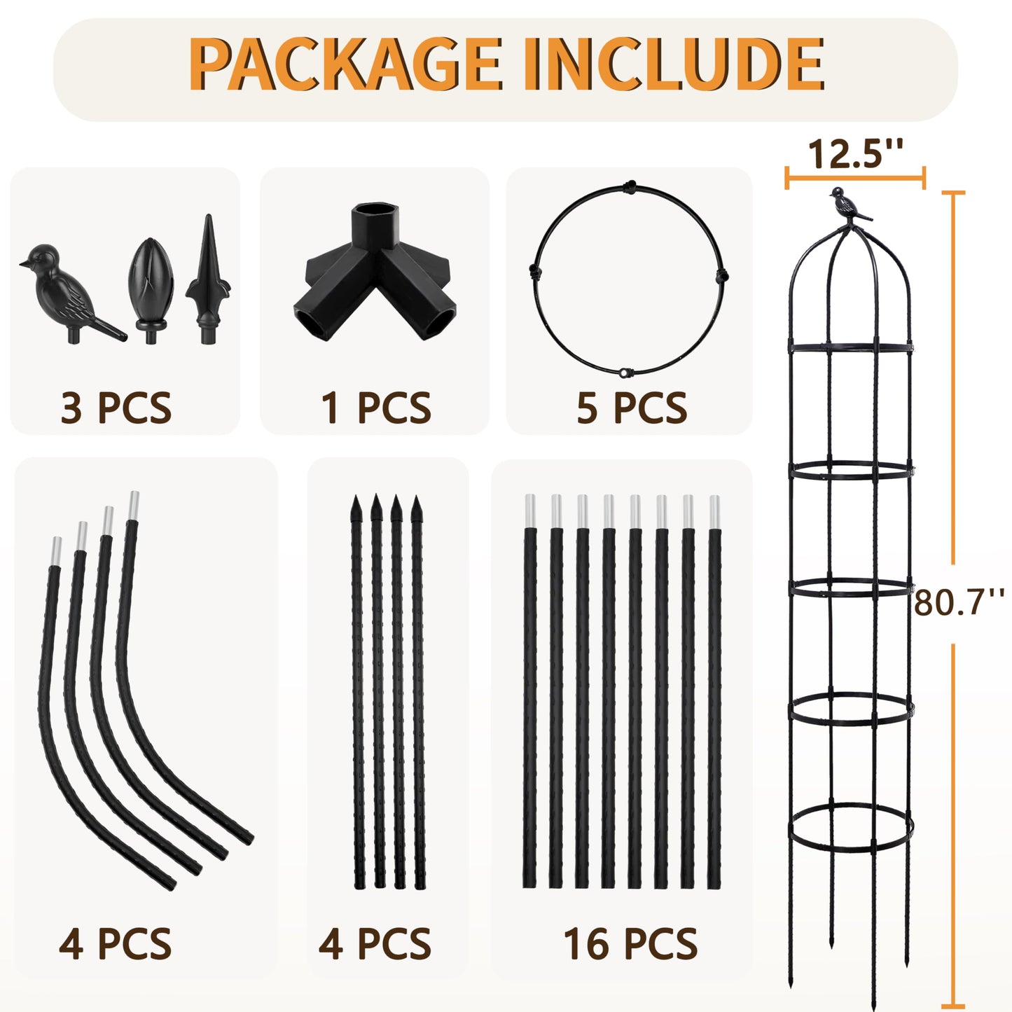 SORANGEUN 1 Pack Garden Obelisk Trellis for Climbing Plants Outdoor, 6.7FT Adjustable Metal Plant Support with 3 Decorative Tops, Black Rustproof Trellis for Roses, Tomatoes, Clematis & Vines