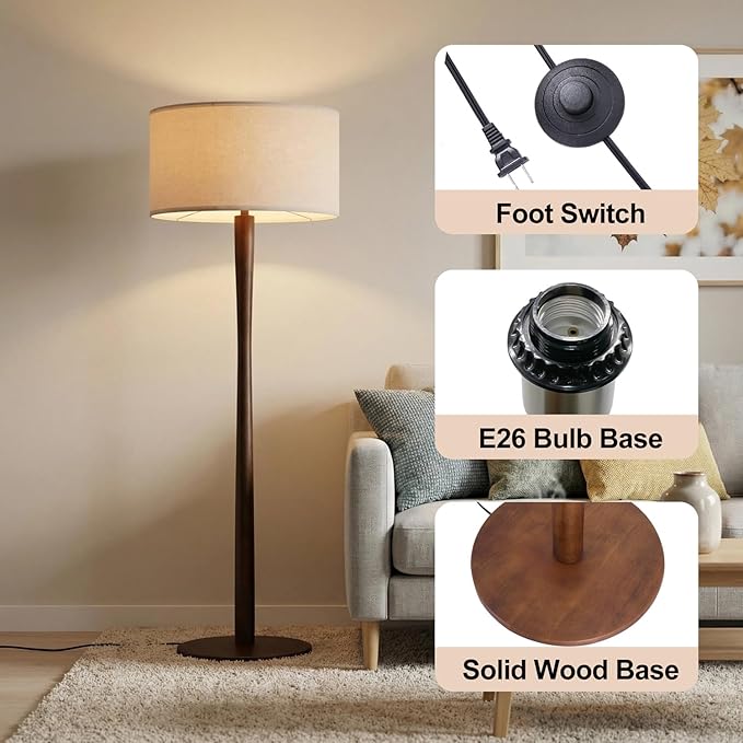 62" Tall Rustic Wood Floor Lamp for Living Room, Farmhouse Walnut Wood Floor Lamps with Linen Shade, UL Listed Standing Lamps with Wooden Base for Bedroom, Corner, Living Room, Office, Beige Shade