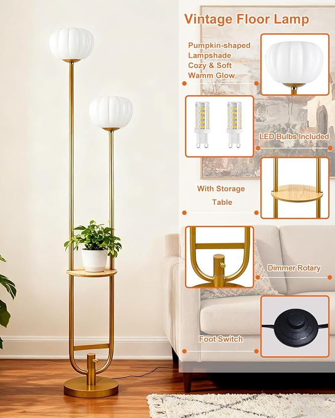 Lightdot 63IN Gold Floor Lamp Dimmable Standing Lamps with Tray, Pumpkin Shades& Bulbs Included, Unique U-Pole Mid Century Modern Tall Lamp for Living Room/Wedding/Party/Sofa Beside/Corner Decor