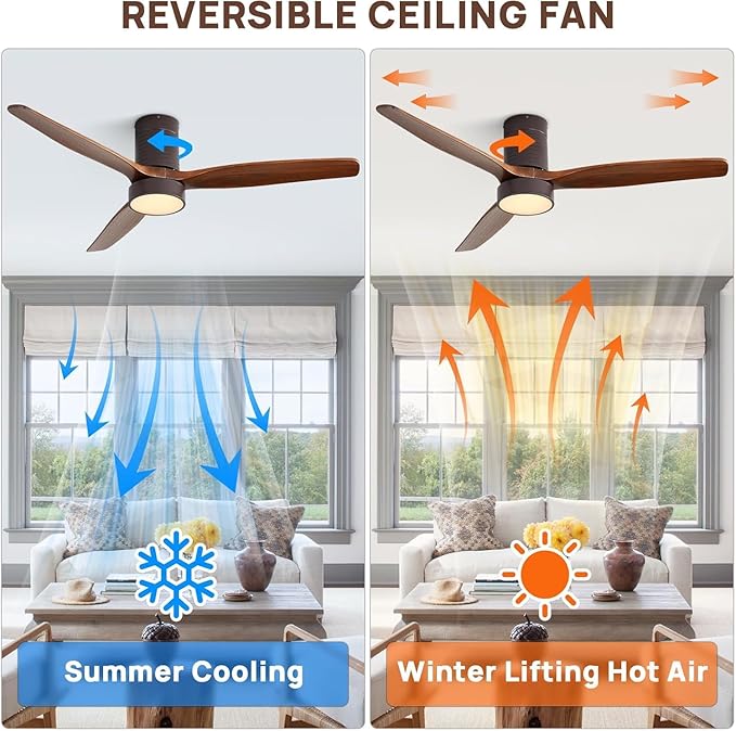 Sofucor 52 Inch Ceiling Fans with Lights, Flush Mount Ceiling Fan with Lights and Remote, Reversible DC Motor, Indoor/Outdoor 3 Blade Solid Wood Ceiling Fans for Bedroom Living Room Patio Farmhouse