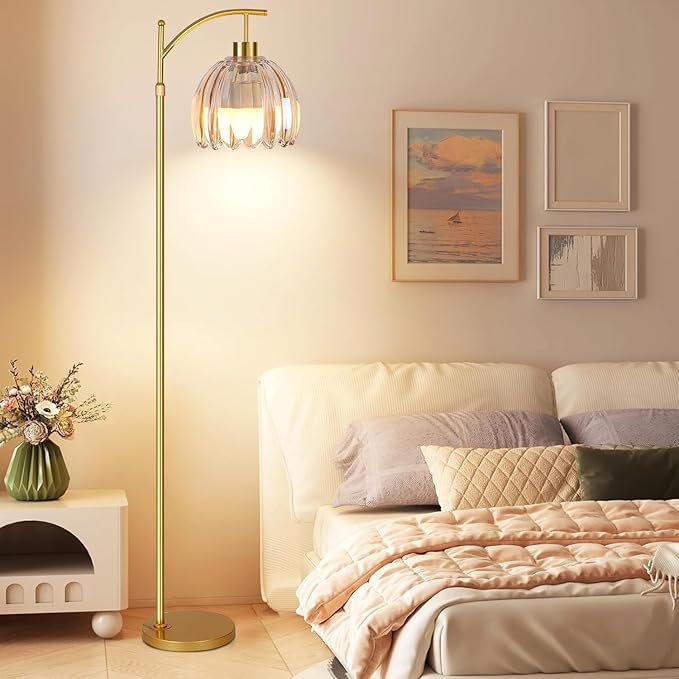 Glass Floor Lamp for Living Room,Bedroom,Gold Dimmable Standing Lamp with Remote,Mid Century Modern Brass Tall Lamp Boho Floor Lamps Arc Stained Flower Floor Light Lamp Girls Bohemian