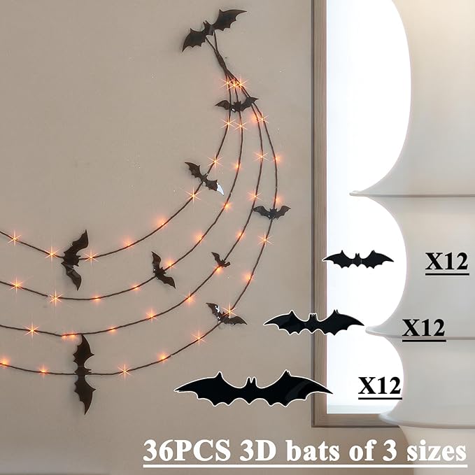Hairui Lighted Halloween Garland with Bats Battery Operated with Timer, Black Garland with Lights 6FT 80 Orange and Warm White Fairy Lights 10 Functions for Wall Room Porch Halloween Decor