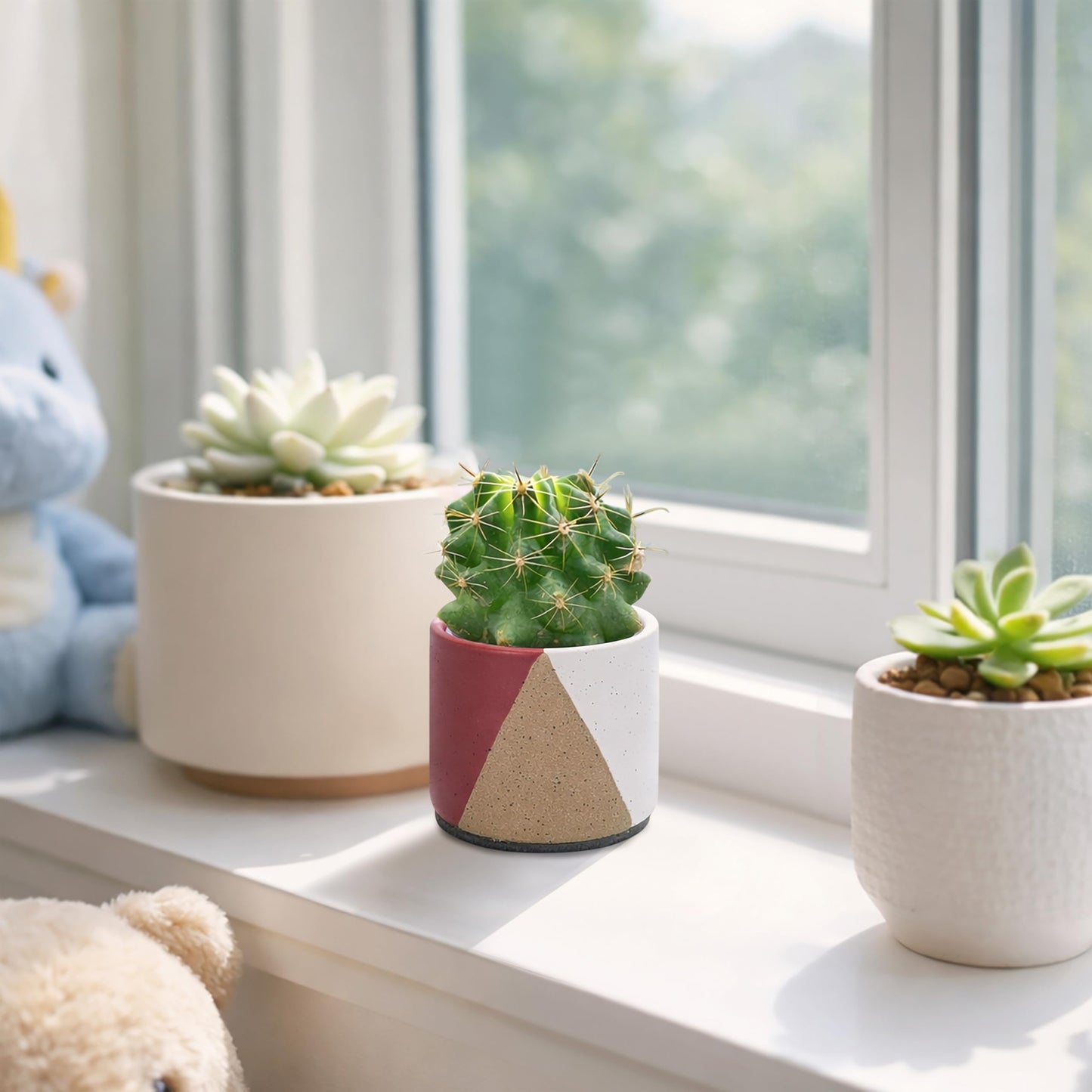 D'vine Dev 3.5" Stoneware Cachepot Planter with 3" Clear Nursery Pot & Detachable Saucer – Modern Indoor Plant Pot with Drainage for Bottom Watering & Root Visibility, Crimson Dune, 93-O-A-4