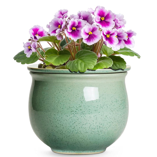 Teagas Ceramic Self Watering Pots, 6 Inch African Violet Pots with Absorbent Inner Pot, Round Self Watering Planter for Indoor Plants, Ceramic Pot for Plants, House Decor, Gifts for Women Men, Green
