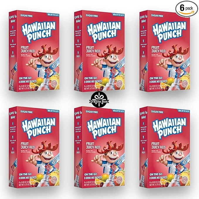 Hawaiian Punch Sugar-Free Juicy Red Powdered Drink Mix 6 Count of 8 packets each for Total 48 Sticks bundle packaged by D'Elite Box