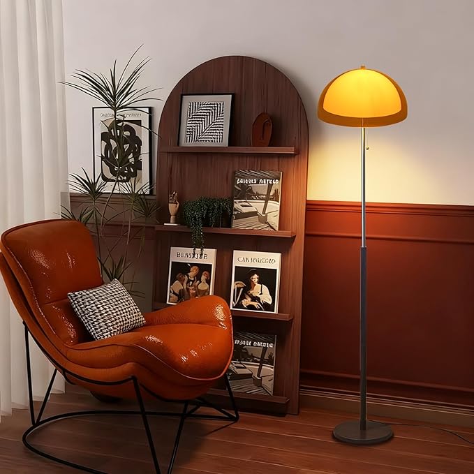 Mushroom Floor Lamp 60" Orange Floor Lamp Mid Century Globe Acrylic Standing Lamp with E26 3-Color Dimmable MCM Wood Tall Light for Living Room Bedroom Study Dining Room(Includes Bulb)