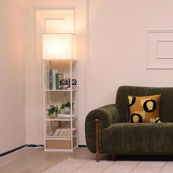 Floor Lamp with Shelves, Large Size Rectangle Standing Lamp with 3 Color Temperature Bulb, Corner Display Bookshelf Lamp for Living Room, Bedroom and Office（White-9W）