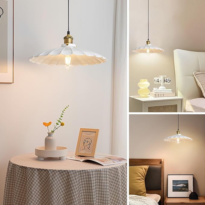 Plug in Pendant Light 13.8 Inch White Round Metal Shade Vintage Hanging Lamp Plug in 14Ft Adjustable Dome Industrial Hanging Plug in Light for Living Room 2Pack