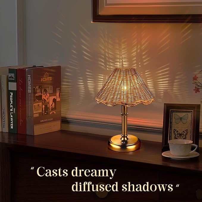 Mini Cordless Boho Rattan Table lamp, 5200-mAh Rechargeable Battery, 3-Level Brightness Dimmable, Build-in Integrated LED 320 Lumen Max, Rattan Shade, for Bedside Restaurant Dining Table