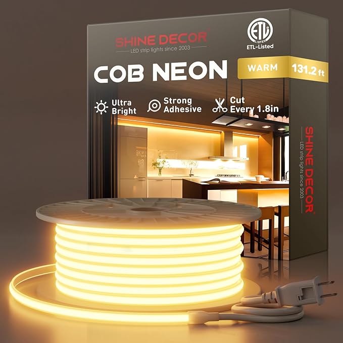 Shine Decor COB LED Rope Light AC 120V, 800lm Ultra Bright, IP65 Waterproof Cold-Resistant ETL Neon Strip, No Driver Tape Lighting for Home Commercial 10x4.5mm, 2800K Warm White, 131.2ft