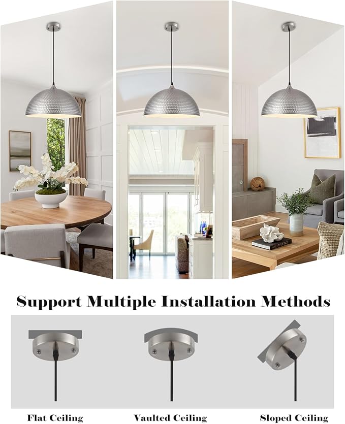 Brushed Nickel Pendant Light 16 inch, Hammered Large Dome Pendant Light, Industrial Farmhouse Pendant Lights Kitchen Island, Island Pendant Lights for Kitchen, Dining Room Living Room 2 Pack