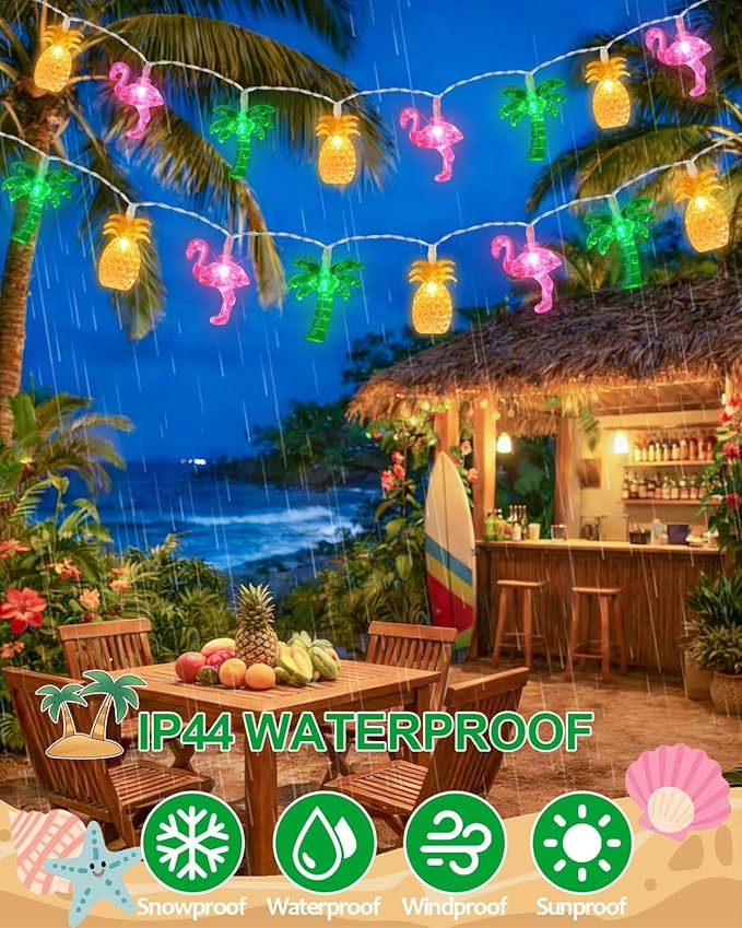 50 LED 25ft Summer Hawaiian Beach String Lights Outdoor with Remote, Flamingo Pineapple Palm Tree Fairy Twinkle Lights Battery Operated with 8 Modes & Timer for Tropical Party Beach Pool Decorations