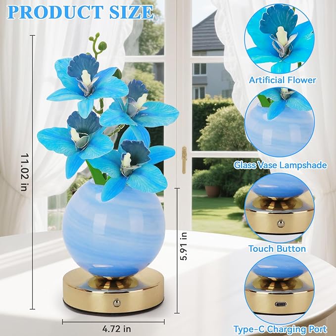 Flower Table Lamp, 3 Colors Orchid Night Light, Cordless Touch Dimming Artificial Flower with Vase Lamp, LED Desktop Decorative Landscape Lights for Festival Party Home Decor (Blue Orchid)