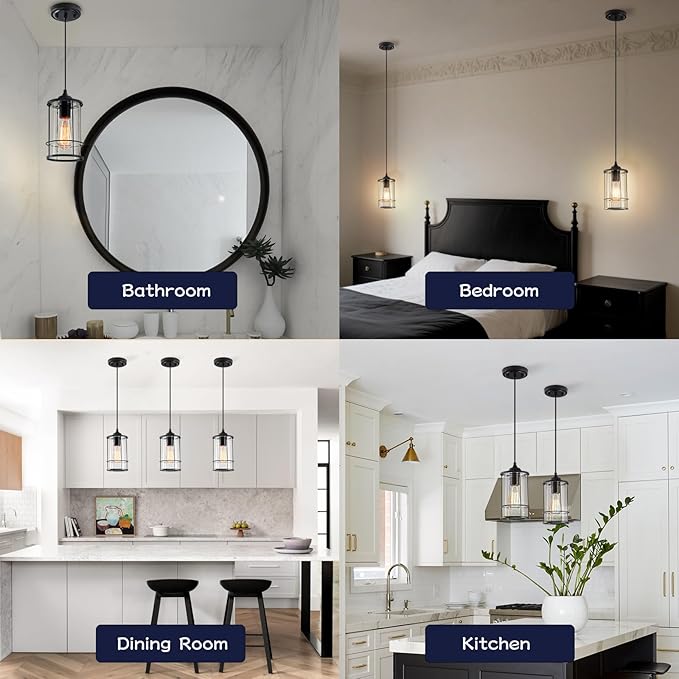 Pendant Lights, Black Hanging Light Fixtures Kitchen Island 2 Pack with Clear Glass, Modern Industrial Cage Pendant Lighting for Kitchen Dining Room Entryway Bathroom