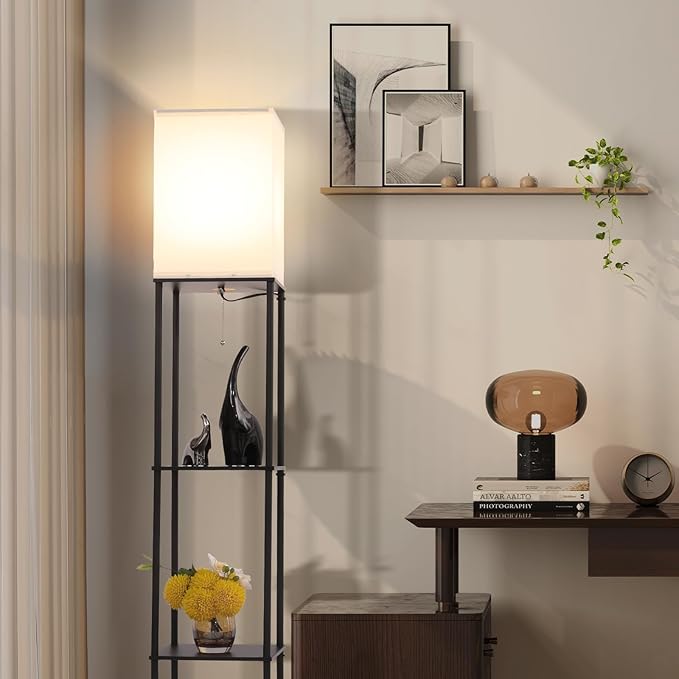 Floor Lamp with Shelves, with Modern Square Standing Lamp with Smart APP Control RGB Bulb, Corner Display Bookshelf Lamp for Living Room, Bedroom and Office (black-9RGB)