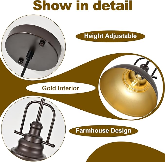 TAKEGO 11.8” Farmhouse Pendant Lights Kitchen Island, Oil Rubbed Bronze Rustic Pendant Light Fixture, Vintage Dome Pendant Light, Industrial Hanging Ceiling Lamp for Dining Room, Hallway