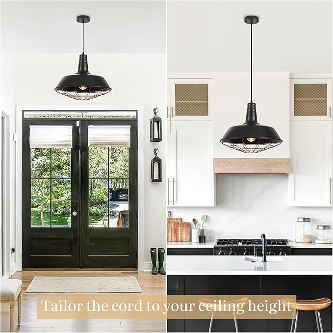 Black Farmhouse Pendant Light, 18.1 Inch Large Pendant Lights Kitchen Island, Industrial Pendant Light with Wire Cage, Barn Light 2 Pack, Island Pendant Lights for Kitchen Barn Dining Room