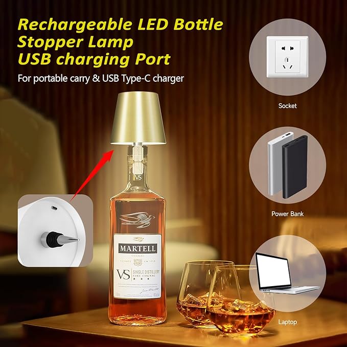 2025 New Wireless Bottle Lamp - LED Bottle Lights for Liquor & Wine Bottles, Cordless Lampshade, Whiskey Bottle Top Light, Bottle Stopper Night Light Kit, Rechargeable RGB Remote & Touch-Dimmable