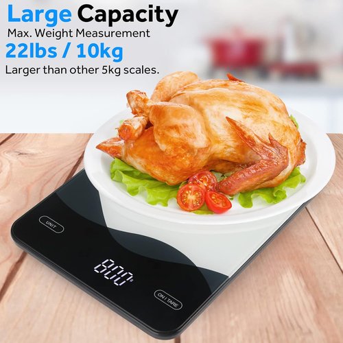 AIMILAR Digital Kitchen Scale - 22lb/10kg Capacity, USB-C Rechargeable, Easy Clean Glass Top, LED Touch Screen
