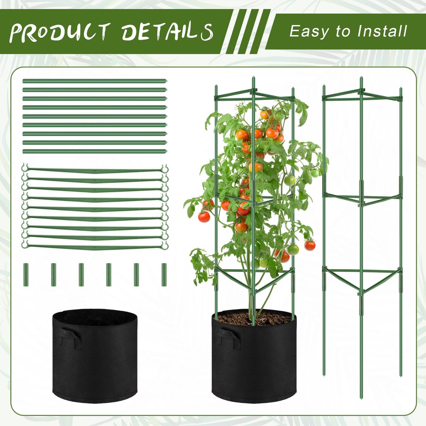 Colingmill 3 Pack 47" Tomato Cages with 10 Gallon Grow Bag Adjustable Tomato Cages for Garden Trellis Pots for Potted Plants Vertical Climbing Vegetables Outdoor Indoor