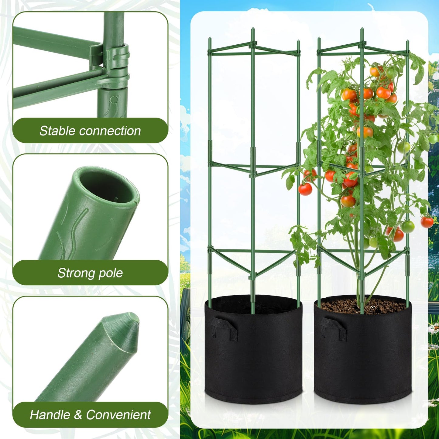 Colingmill 3 Pack 47" Tomato Cages with 10 Gallon Grow Bag Adjustable Tomato Cages for Garden Trellis Pots for Potted Plants Vertical Climbing Vegetables Outdoor Indoor