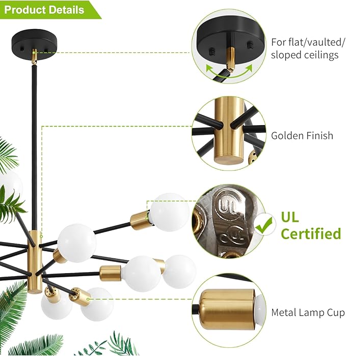 Sputnik Chandeliers, Black and Gold Chandelier,Modern Pendant Light Fixture Mid Century Industrial Ceiling Lighting 12 Lights for Dining Room, Kitchen, Bedroom, Living Room and Farmhoue