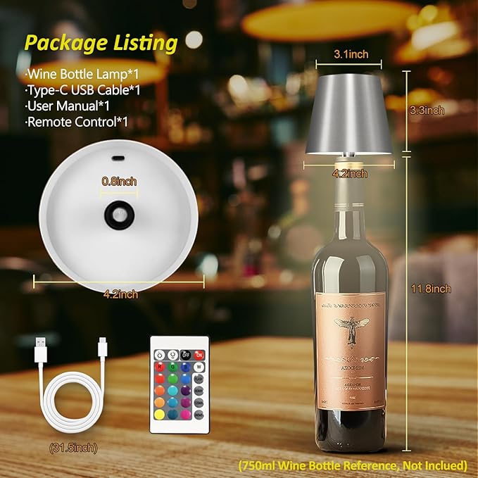 2025 New Wireless Bottle Lamp - LED Bottle Lights for Liquor & Wine Bottles, Cordless Lampshade, Whiskey Bottle Top Light, Bottle Stopper Night Light Kit, Rechargeable RGB Remote & Touch-Dimmable