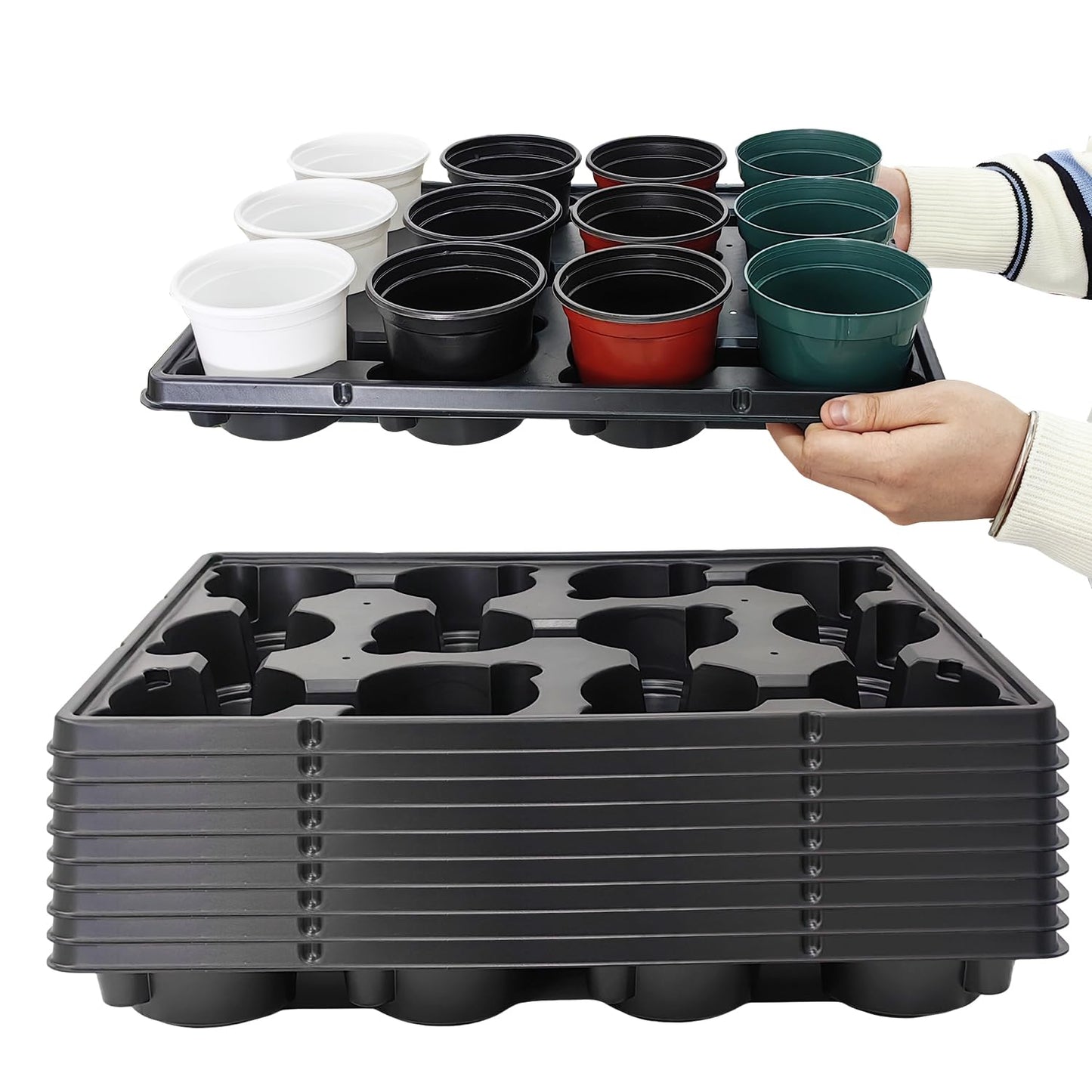 RooTrimmer 12 Cell Round Nursery Pots Trays Thickened Durable Seedling Pots Shuttle Carrying Trays for Holding 4 inch Nursery Pots (16.85" × 12.6", 10-Pack)