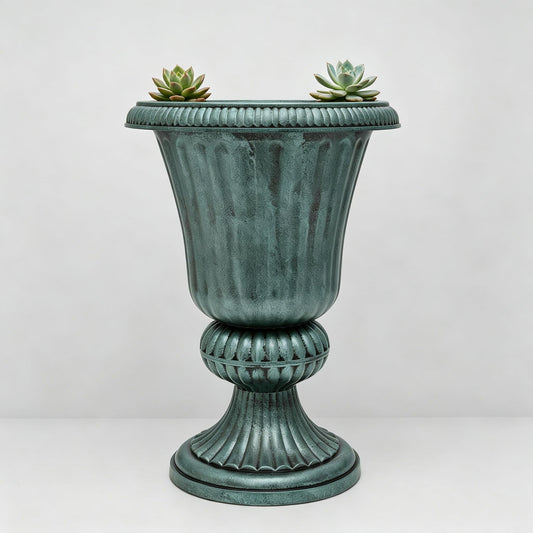 MoNiBloom 20-Inch Plastic Urn Planter Vase – Vintage Roman Flower Pot for Indoor & Outdoor Plants, Patio, Garden, Wedding Decor, Lightweight & Drainage Hole, Retro Home Porch Decor (Dark Green)