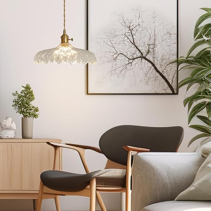 Pendant Lights, 11.8 Inch Hanging Lamp Adjustable 6.5Ft Cord Hanging Lamp Clear Flower Glass Shade Pendant Light Fixture Hanging Pendant Lights for Bedroom