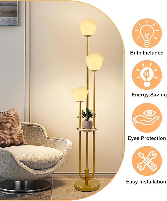 Lightdot 63IN Floral Floor Lamp 3-Lights Flower LED Floor Lamps with 3000K Warm White Bulbs Included for Wedding Party Modern Gold Tall Floor Lamp for Living Room/Bedroom/Sofa Beside/Corner Decor