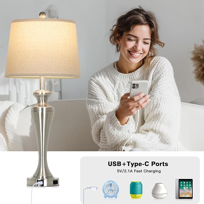 30 Inch Single Silver Table Lamp, 3-Way Dimmable Touch Bedroom Lamp with USB A+C Ports and AC Outlet, Modern Metal Brushed Nickel Living Room Lamp, Bedside Lamp for Nightstand Guest Room End Table