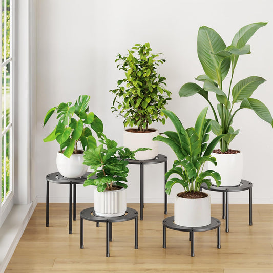 iDavosic.ly 5-Pack Metal Plant Stands for Indoor Outdoor, 10 Inch Small Flower Pot Holder, Anti-Rust Heavy Duty Iron Planter Stool, Sturdy Round Plant Risers for Home Garden Patio, Modern Black