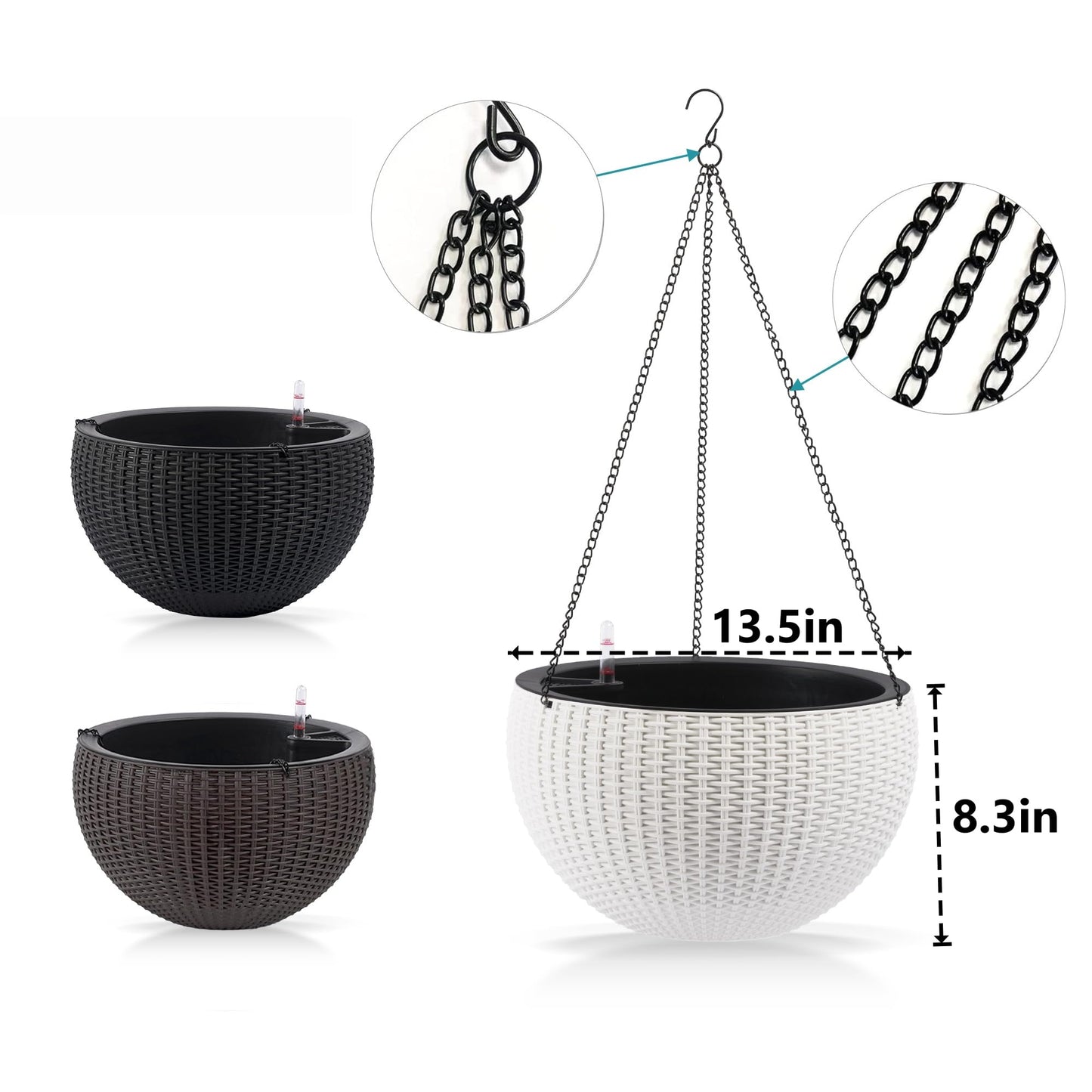 Vigo huseeo 13.5 inch 2Pack Large Hanging Planters for Outdoor/Indoor Plants, Self Watering Hanging Pot with Water Level Indicato, Drainage Holes and Chain for Garden Porch, White
