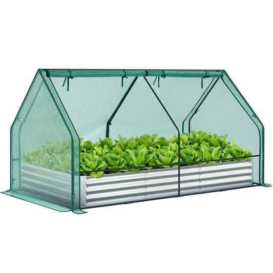 Ohuhu Raised Garden Bed with Greenhouse Cover, 8x4x1 FT Galvanized Metal Planter Box Outdoor with PE Cover, 4 Doors for Ventilation, 3-in-1 Gardening Set for Vegetable Flower Herb Succulent