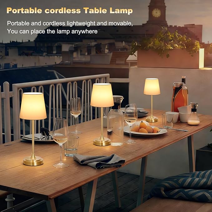 Cordless Table Lamp Rechargeable,5000mAh Battery Operated Desk Lamp,3 Colors & 7 RGB Stepless Dimmable,Touch Control Ambient Light for Bedside,Bedroom,Dining Room,Living Room,Gold,WhiteShade