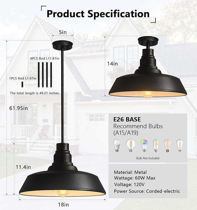 Large 18" Black Farmhouse Pendant Barn Light, Industrial Style Dome Chandelier for Kitchen Island, Dining Room, Living Room, Hallway, Large Vintage Ceiling Light for Indoor Spaces