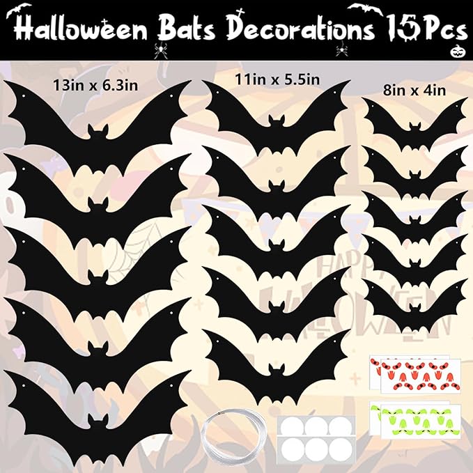 15 Pcs Hanging Bats Halloween Decoration Outdoor, Large Scary Fake Black Hanging Flying Bat Spooky Decor for Halloween Yard Sign Outside Indoor Party Supplies Wall Decals (3 Sizes)