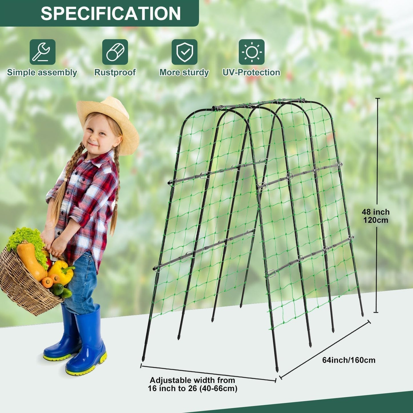 FOLLOOK Garden Cucumber Trellis for Climbing Plants Outdoor, 65 x 48 inch U-Shaped Garden Arch Trellis, Pea Tomato Cucumber for Raised Bed, 120x160-BLK